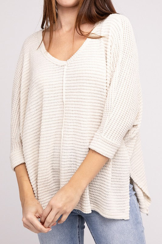 3/4 Sleeve V-Neck Hi-Low Hem Jacquard Sweater - Zenana