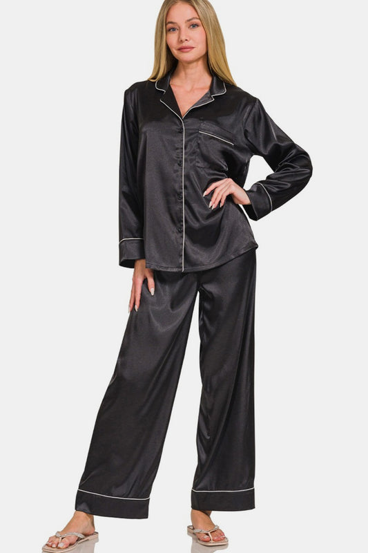 Zenana Satin Long Sleeve Shirt and Pants Pajama Set - Black