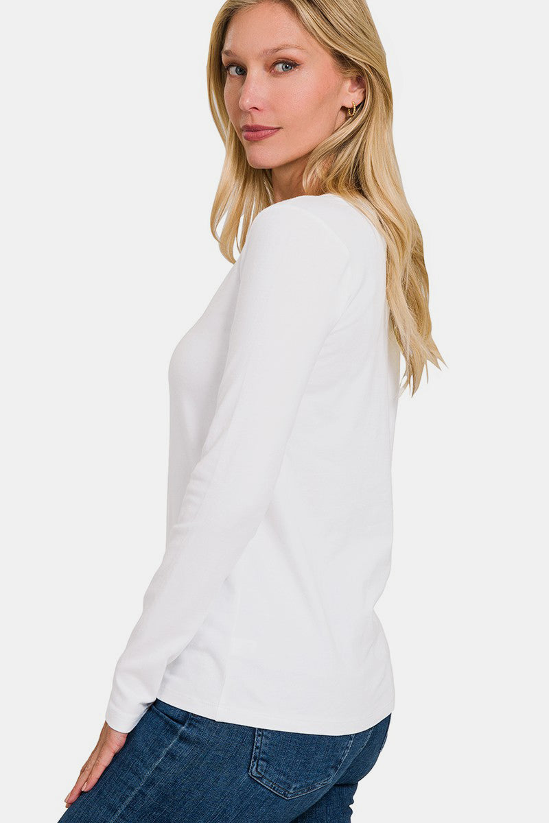 Zenana Full Size V-Neck Long Sleeve T-Shirt - White