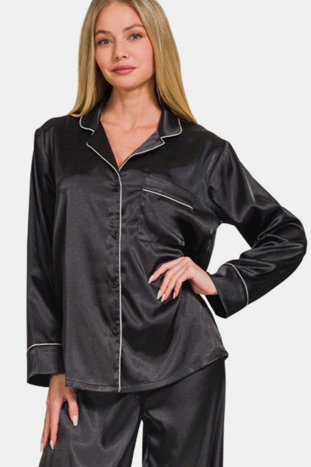 Zenana Satin Long Sleeve Shirt and Pants Pajama Set - Black