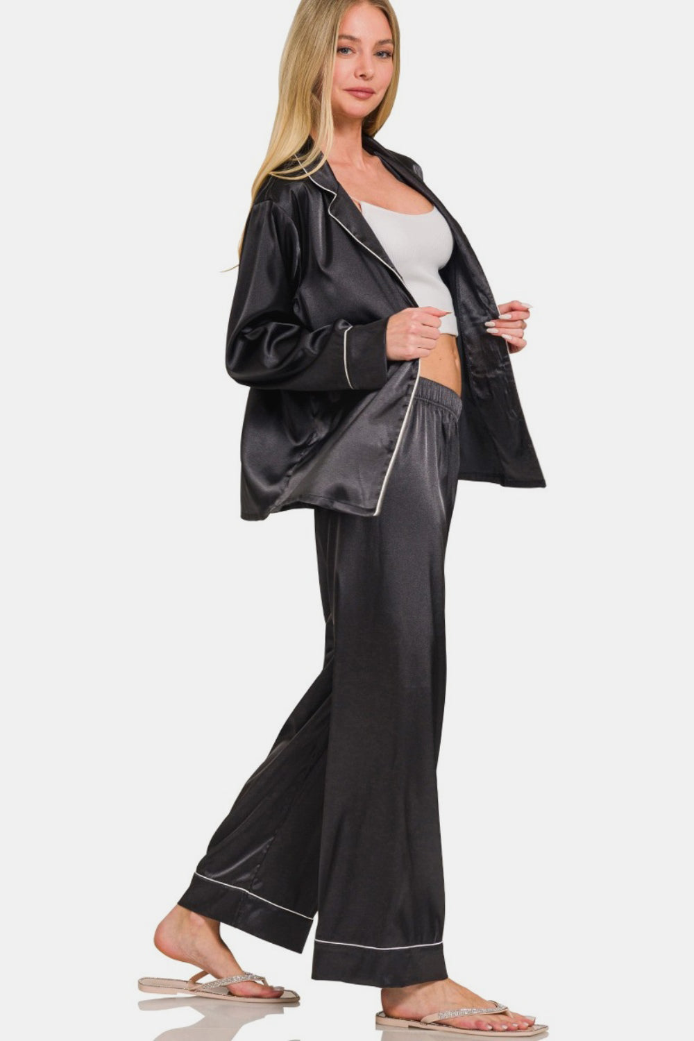 Zenana Satin Long Sleeve Shirt and Pants Pajama Set - Black