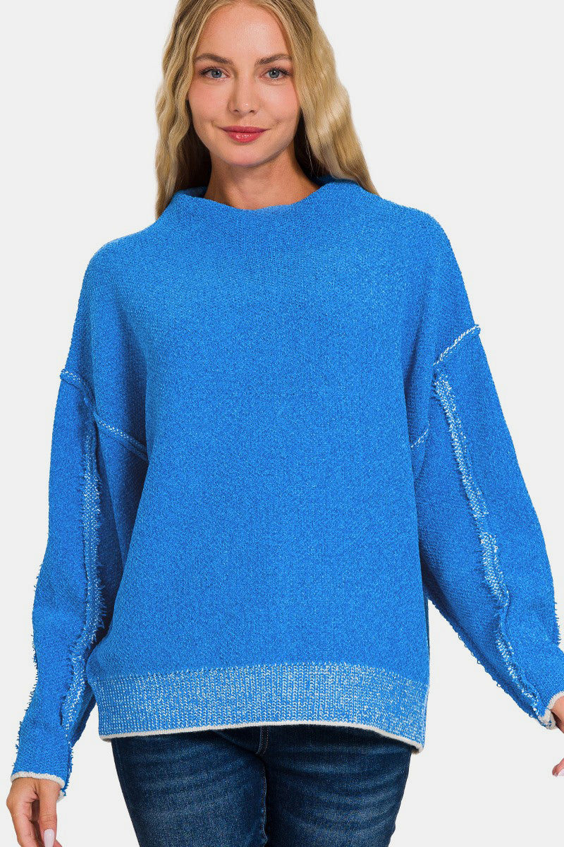 Zenana Exposed Seam Mock Neck Long Sleeve Sweater - Ocean Blue