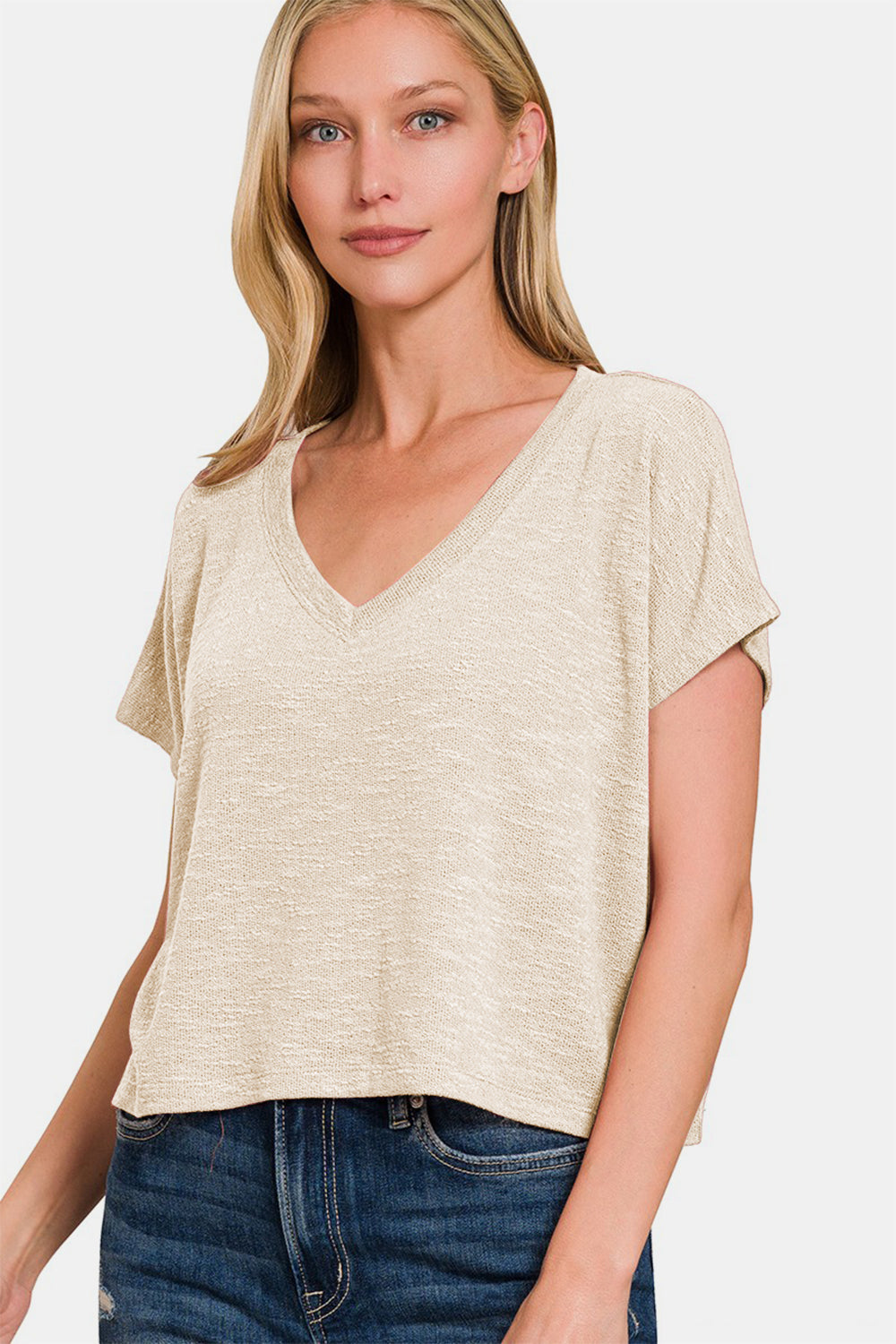 Zenana V-Neck Short Sleeve Crop T-Shirt - Sand Beige