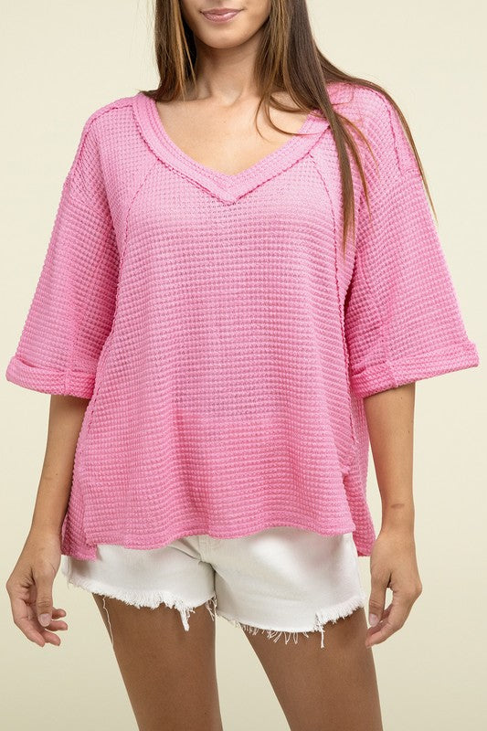 Brushed Waffle Exposed-Seam 3/4 Sleeve Top - Zenana