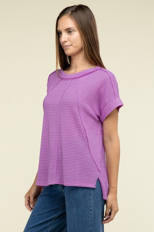 Brushed Waffle Exposed-Seam Short Sleeve Top - Zenana