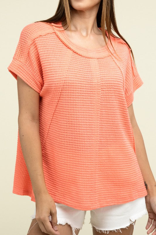 Brushed Waffle Exposed-Seam Short Sleeve Top - Zenana