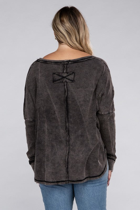 Plus Washed Baby Waffle Oversized Long Sleeve Top - Zenana