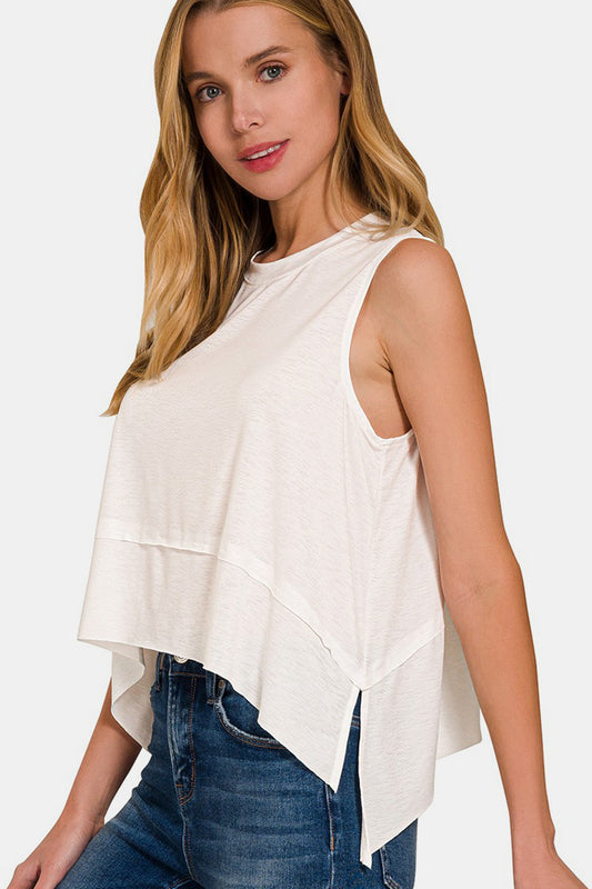 Zenana Slit High-Low Round Neck Tank - Ivory