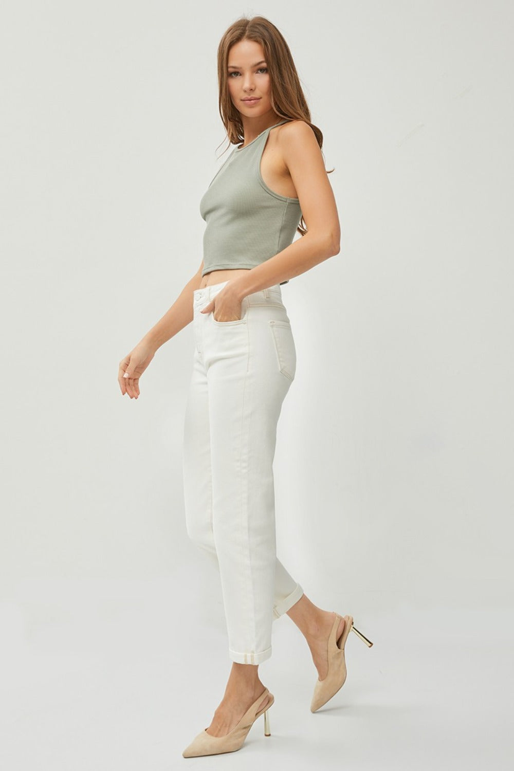 RISEN Full Size High Waist Rolled Hem Straight Jeans - Cream