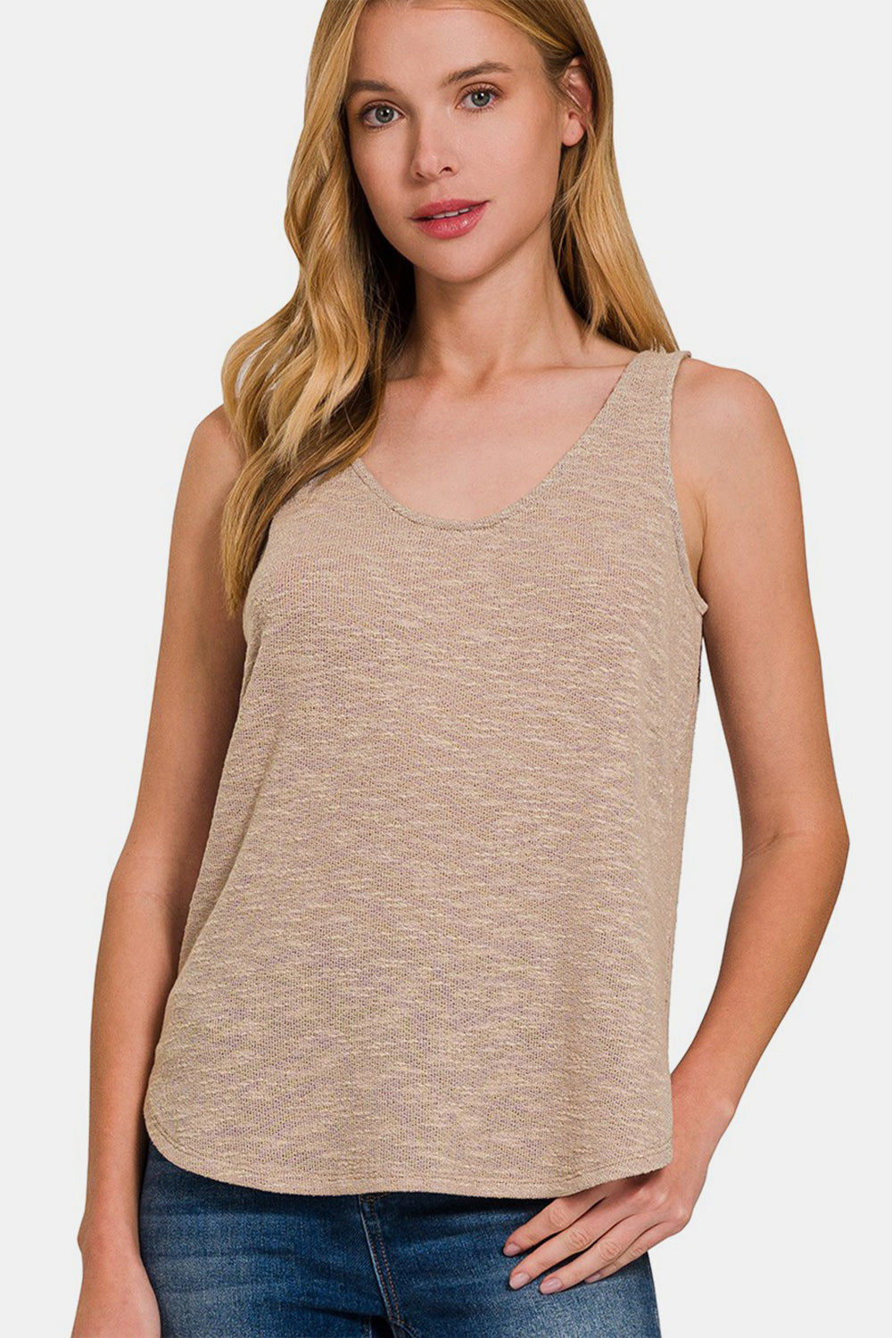 Zenana Curved Hem Round Neck Tank - Lt Mocha