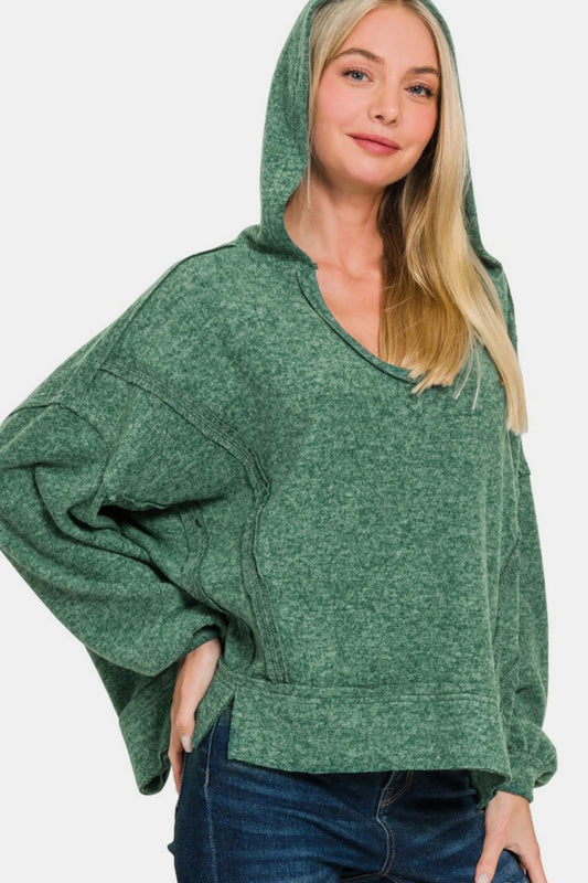 Zenana Brushed Hacci Exposed Seam Hoodie - Green