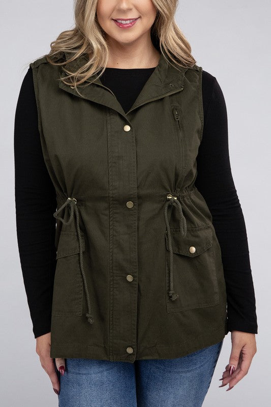 Plus Drawstring Waist Military Hoodie Vest - Zenana