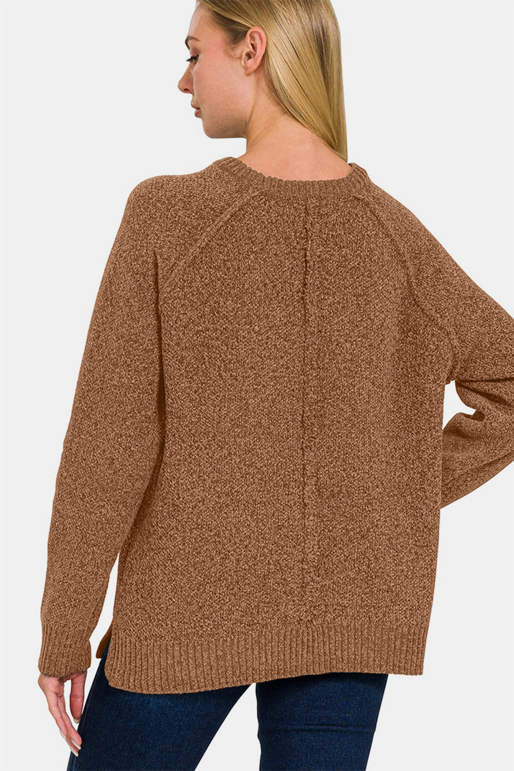 Zenana Side Slit Raglan Sleeve Sweater - Deep Camel