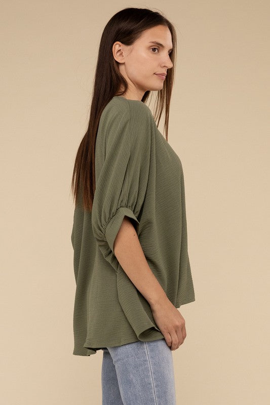 Woven Airflow V-Neck Puff Half Sleeve Top - Zenana