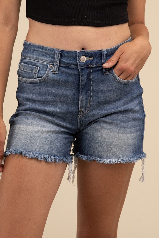 Mid Rise Raw Frayed Hem Denim Shorts - Zenana