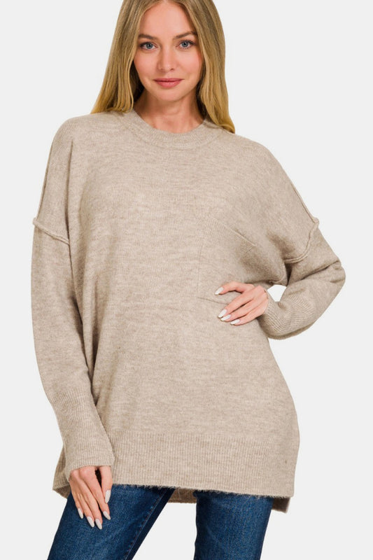 Zenana High-Low Hem Drop Shoulder Sweater - Mocha