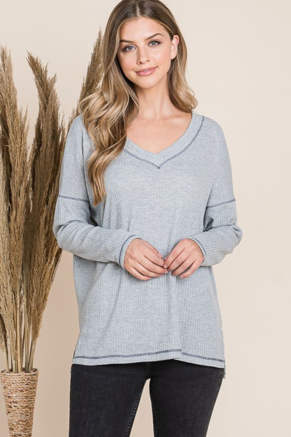 Reborn J V Neck Long Sleeve Top - Heather Grey