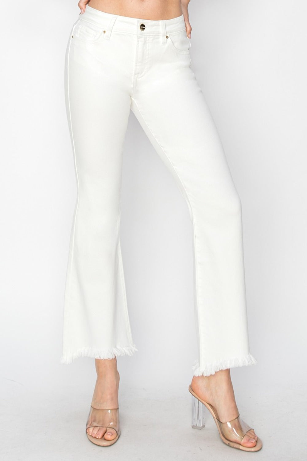 RISEN Full Size Tummy Control Crop Flare Step Hem Pants - White