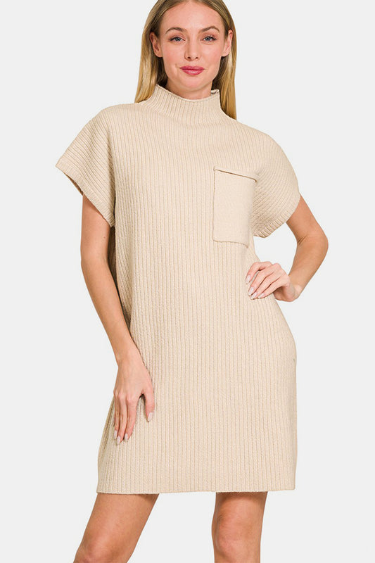 Zenana Short Sleeve Sweater Mini Dress - Sand Beige