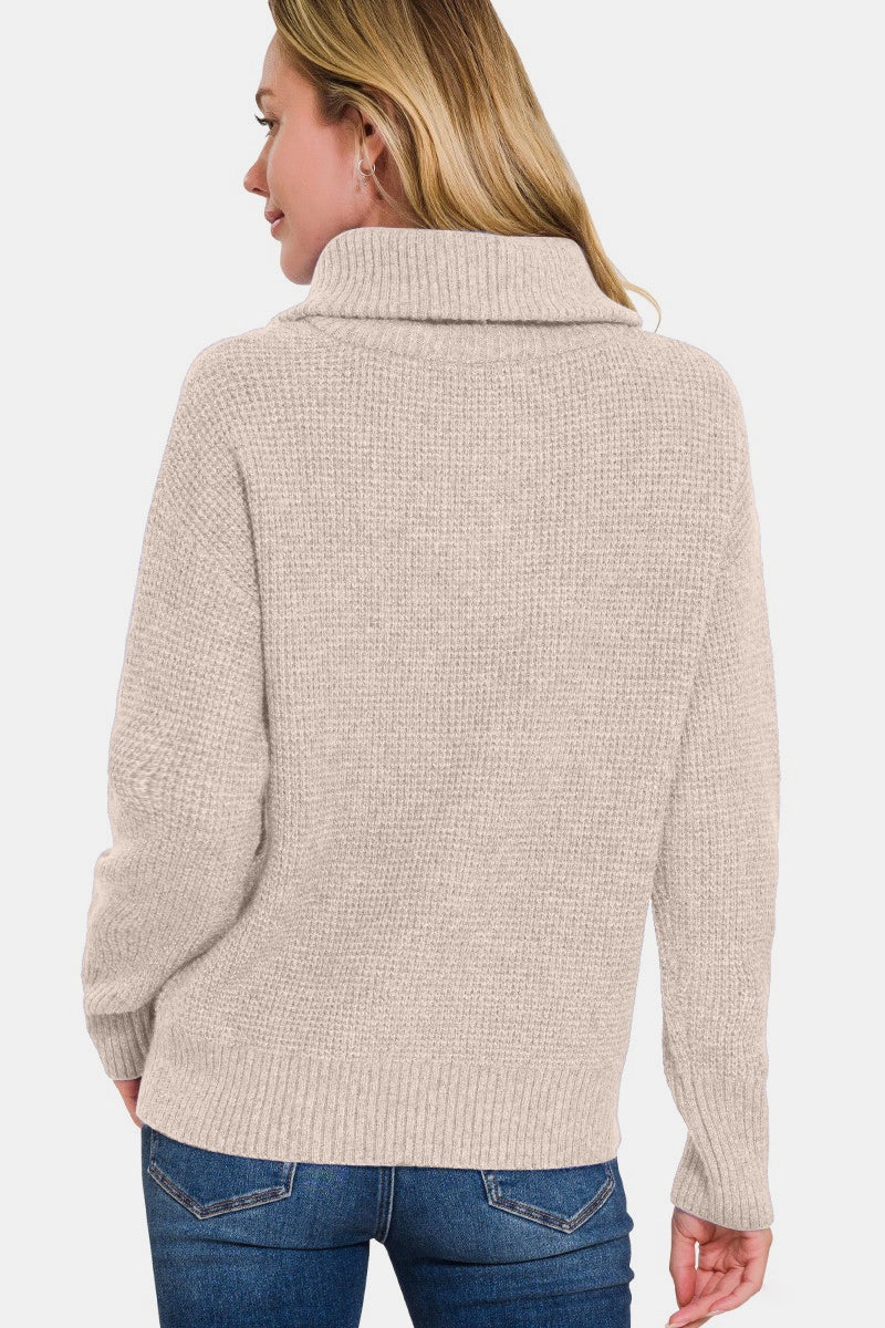 Zenana Half Zip Long Sleeve Sweater - Mocha