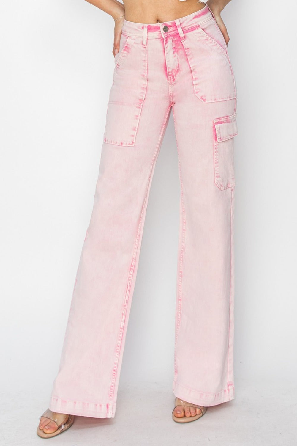 RISEN Full Size High Rise Wide Leg Cargo Pocket Jeans - Acid Pink