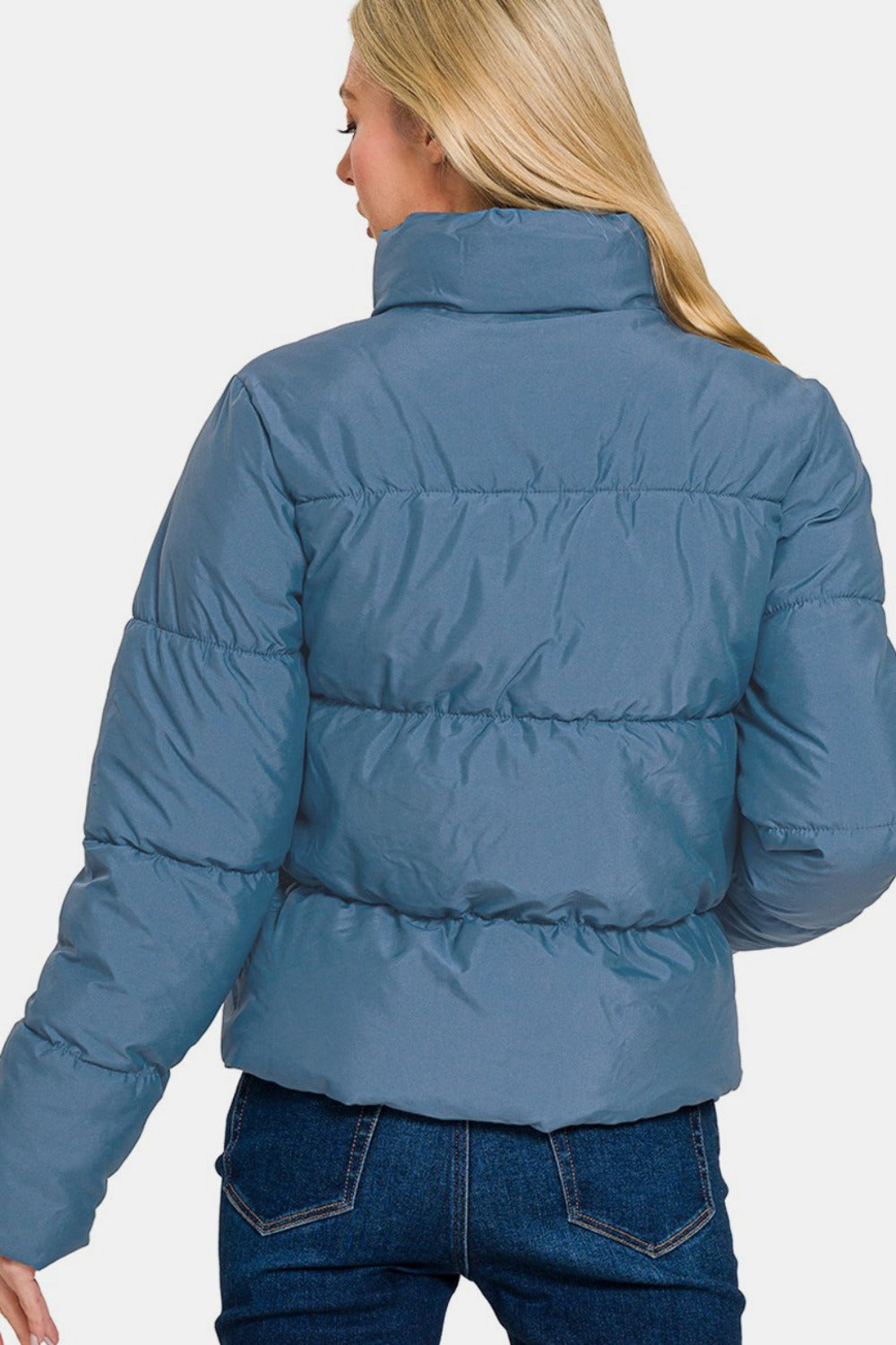 Zenana Zip Up Turtleneck Puffer Jacket with Pockets - Dusty Blue