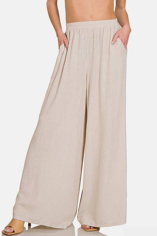 Zenana Pleated Linen Blend Wide Leg Pants - Sand Beige