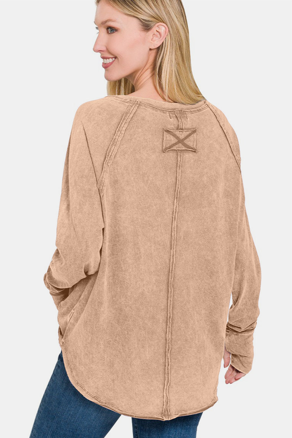 Zenana Round Neck Thumbhole Long Sleeve T-Shirt - Ash Mocha