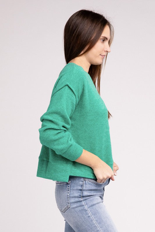 Brushed Melange Hacci Hi-Low Hem Sweater - Zenana