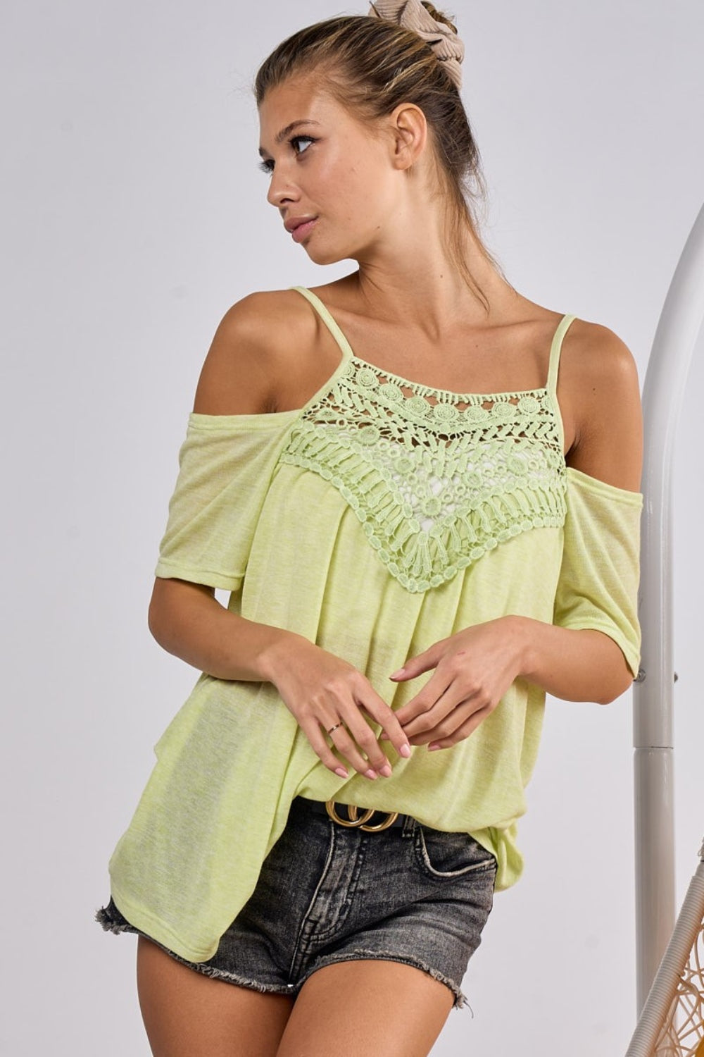 BiBi Front Crochet Lace Adjustable Strap Top - Lime