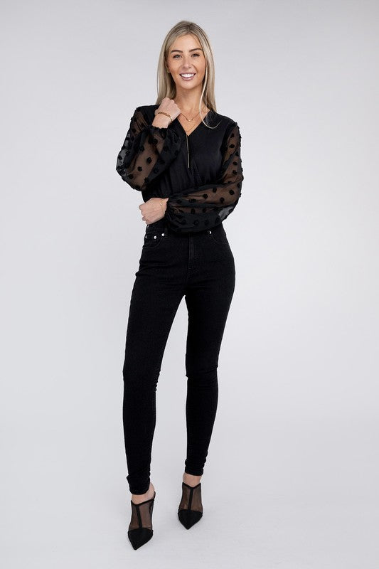 V Neck Wrap Sheer Sleeves Bodysuit - Nuvi Apparel