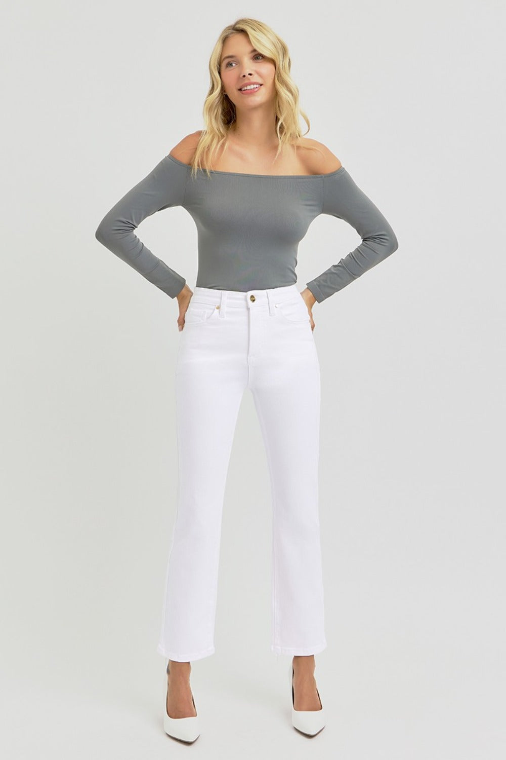 RISEN Full Size Tummy Control Elastic Band High Rise Crop Straight Jeans - White