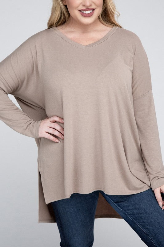 Plus Dolman Sleeve V-Neck Side Slit Hi-Low Hem Top - Zenana