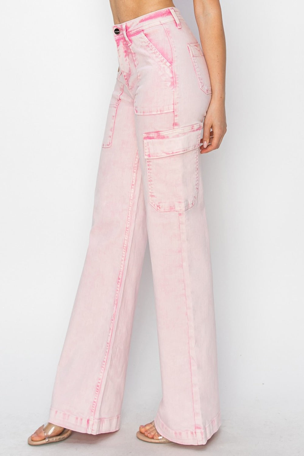 RISEN Full Size High Rise Wide Leg Cargo Pocket Jeans - Acid Pink