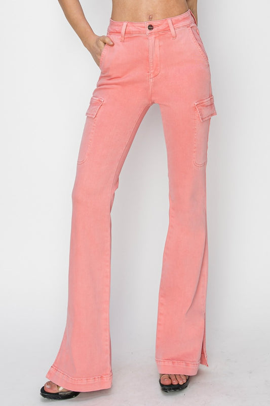 RISEN Full Size High Rise Side Slit Cargo Bootcut Jeans - Flamingo