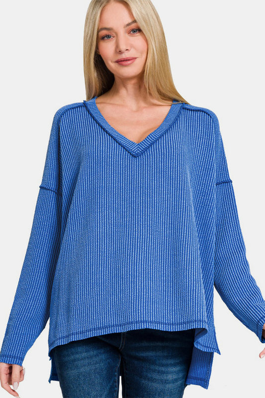 Zenana Texture Exposed Seam V-Neck Long Sleeve T-Shirt - Blue