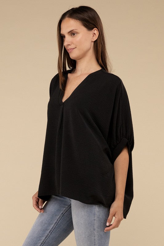 Woven Airflow V-Neck Puff Half Sleeve Top - Zenana