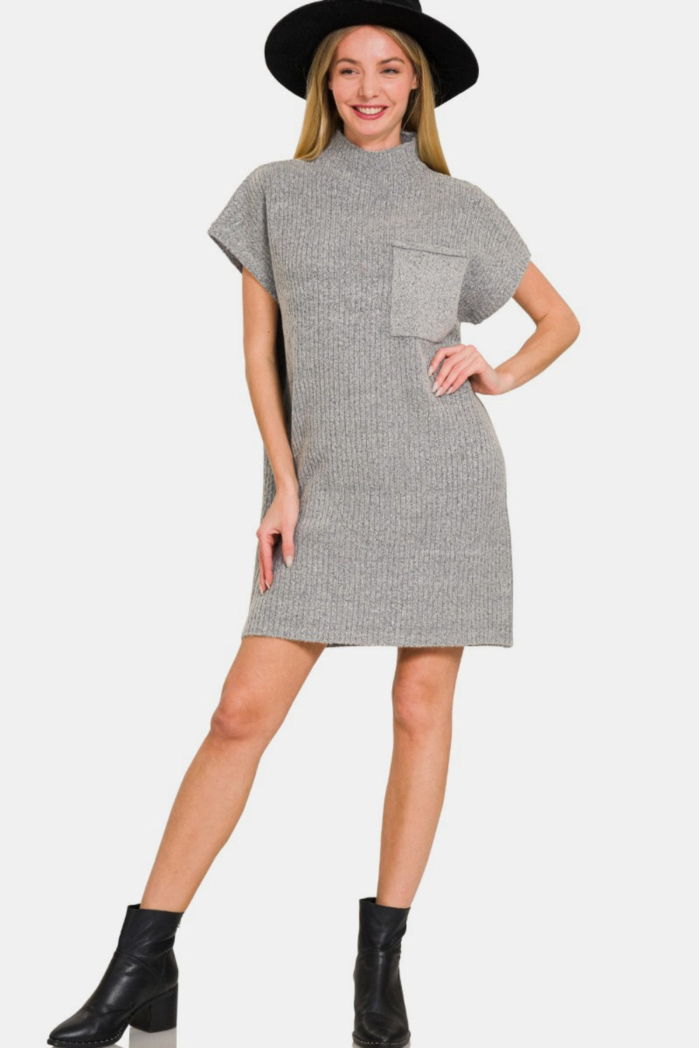 Zenana Short Sleeve Sweater Mini Dress - Grey