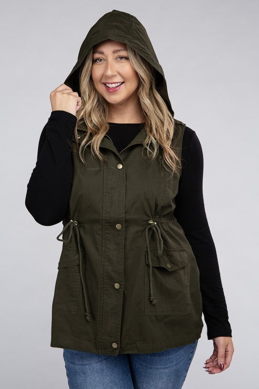 Plus Drawstring Waist Military Hoodie Vest - Zenana