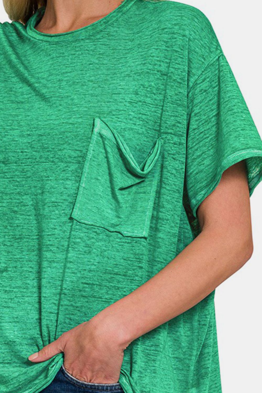 Zenana Pocketed Round Neck Dropped Shoulder T-Shirt - Green