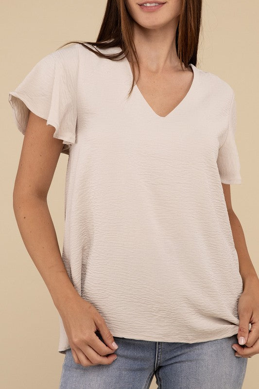 Woven Airflow Flutter Sleeve Top - Zenana