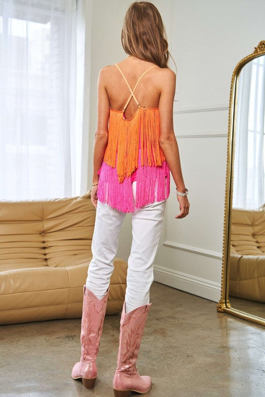 Fringe Overlay Cross Straps Party Cami Top - Davi & Dani