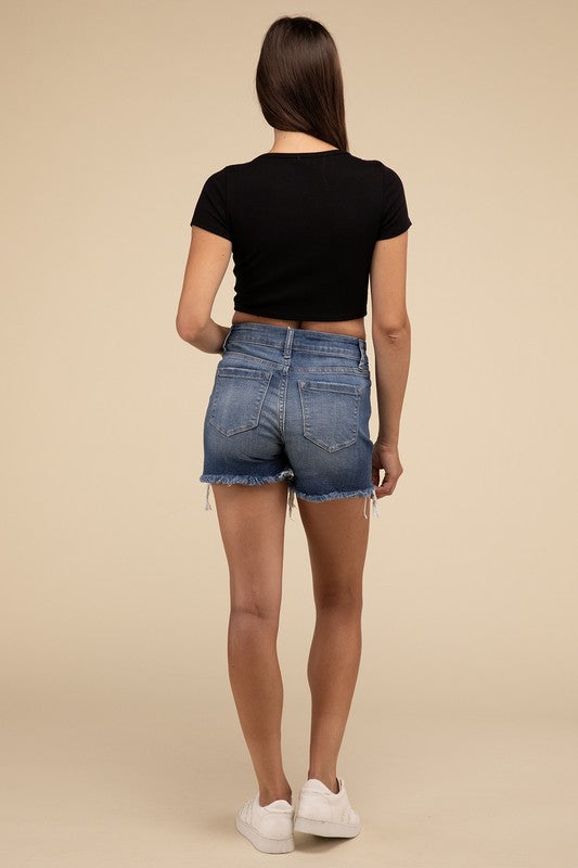 Mid Rise Raw Frayed Hem Denim Shorts - Zenana