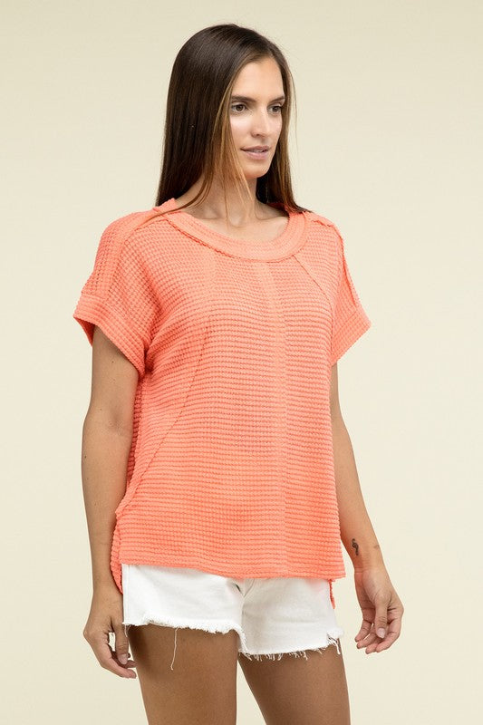 Brushed Waffle Exposed-Seam Short Sleeve Top - Zenana