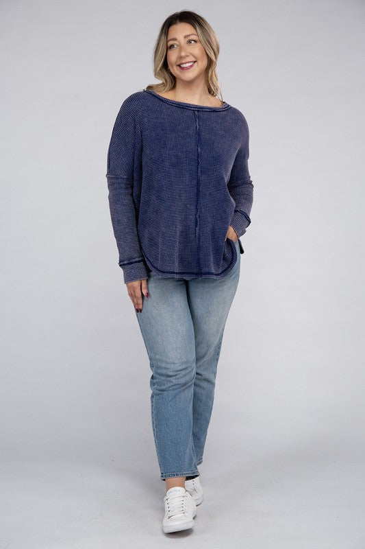 Plus Washed Baby Waffle Oversized Long Sleeve Top - Zenana