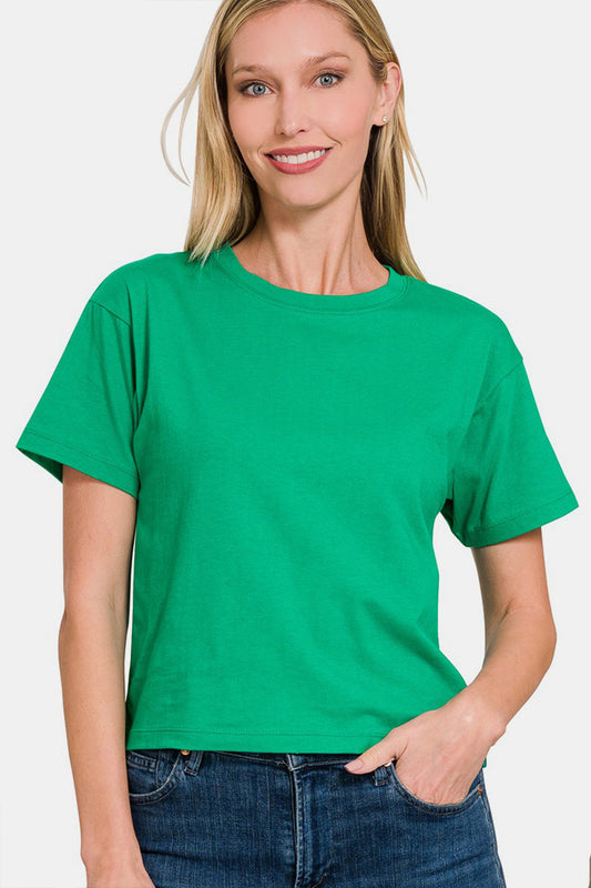 Zenana Round Neck Short Sleeve Cropped T-Shirt - Green