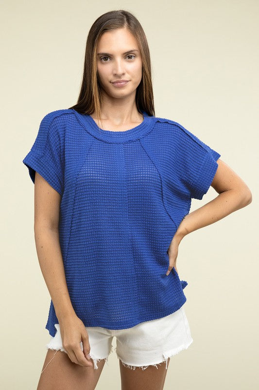 Brushed Waffle Exposed-Seam Short Sleeve Top - Zenana