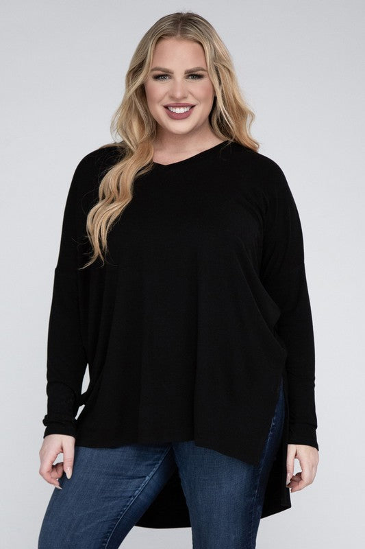 Plus Dolman Sleeve V-Neck Side Slit Hi-Low Hem Top - Zenana