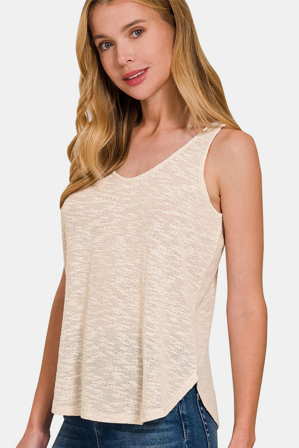 Zenana Curved Hem Round Neck Tank - Sand Beige