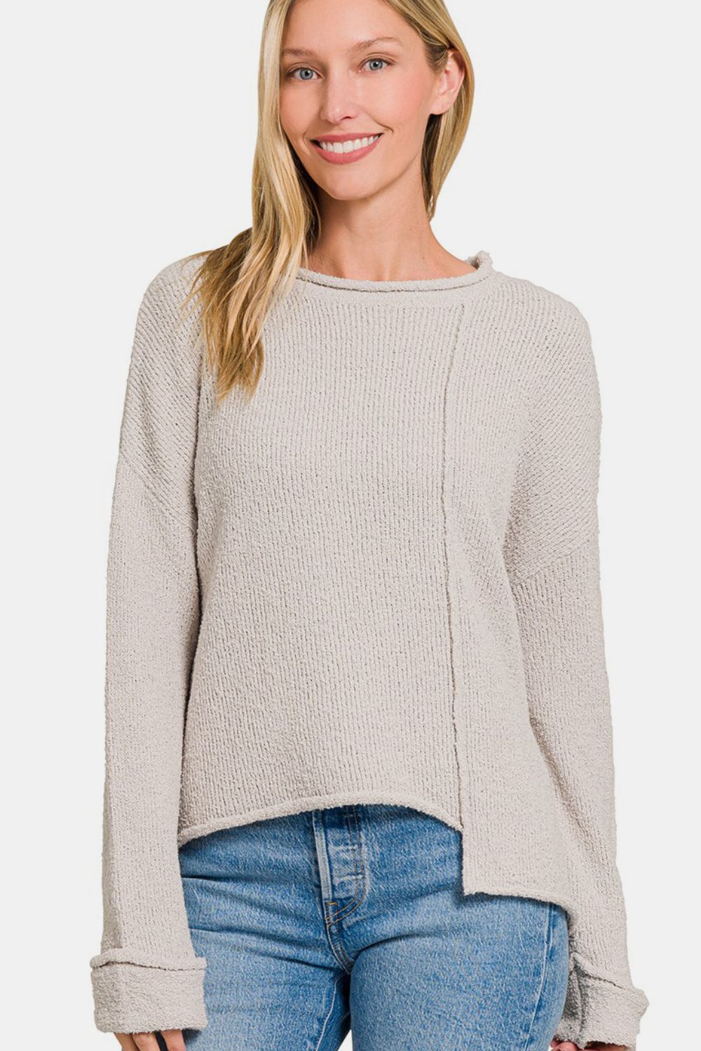 Zenana Asymmetric Hem Drop Shoulder Sweater - Bone